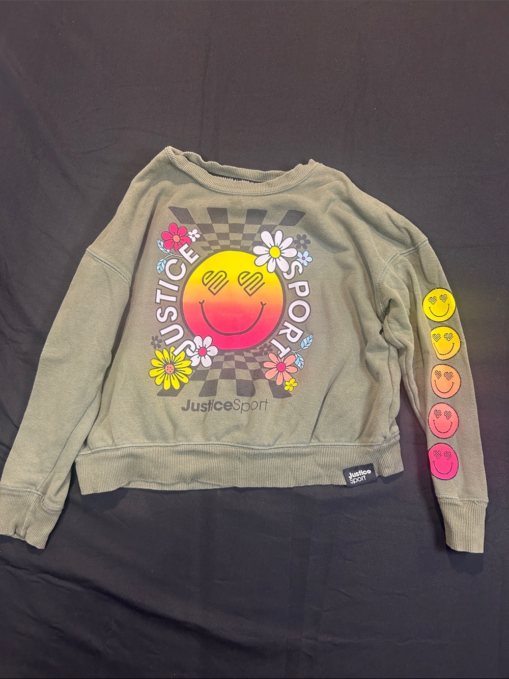 Justice Olive Smiley Graphic Crewneck with Rainbow Sleeve Icons